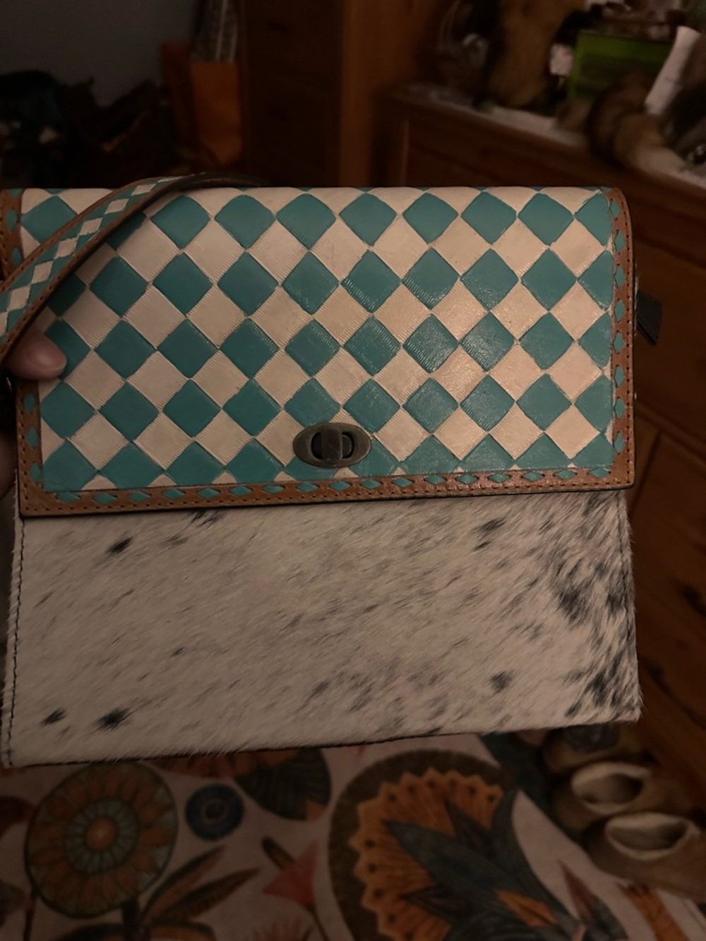 Woven Teal and Cream Shoulder Bag